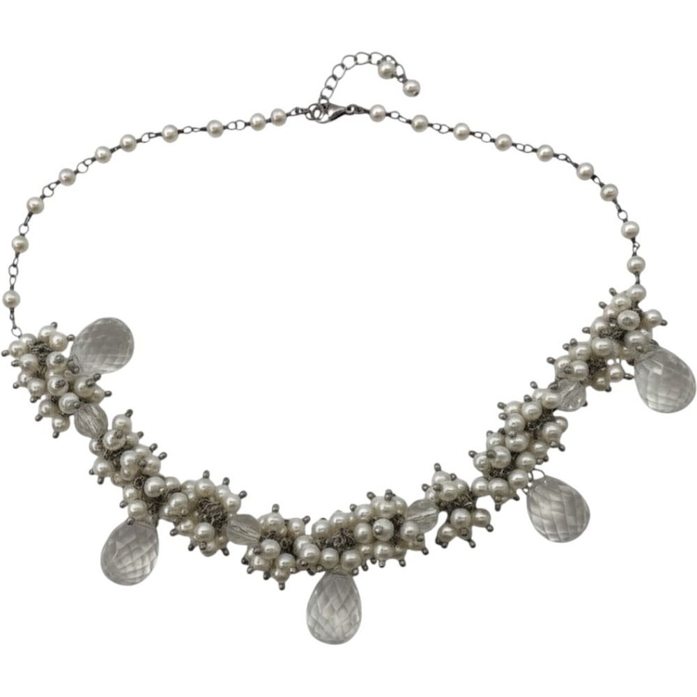 Vintage Style Faux Pearl Cluster Necklace Clear Glass Briolette Drops Silver